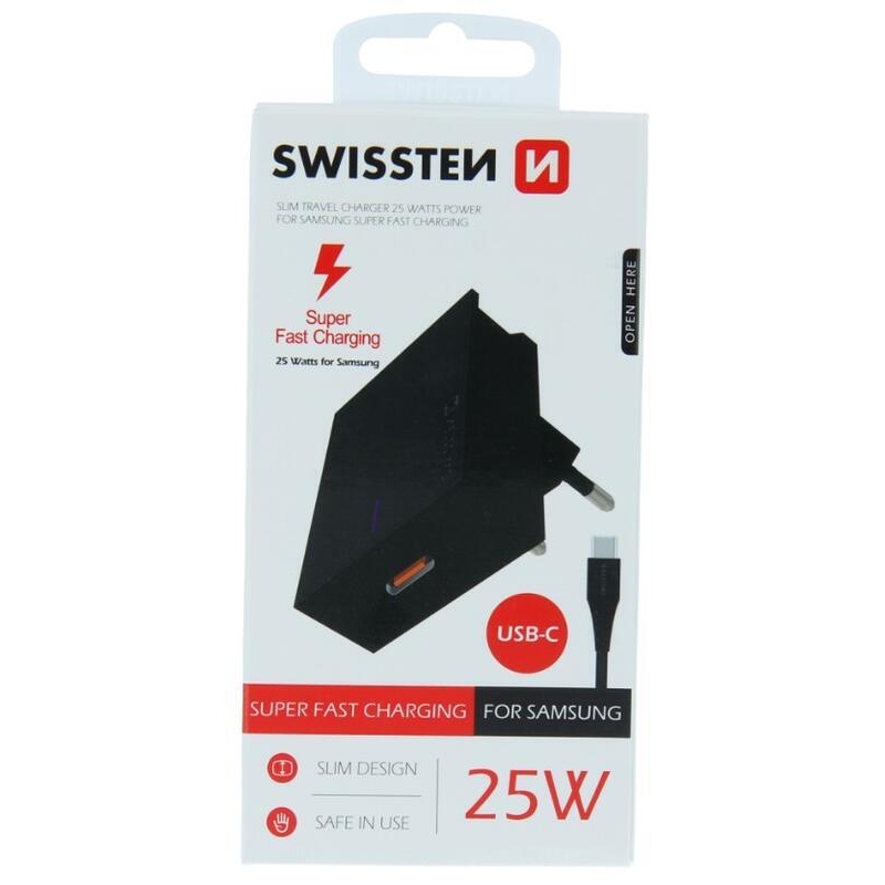 Nabíječka Swissten super fast 25W pro Samsung + kabel USB-C/USB-C 1,2m - černá