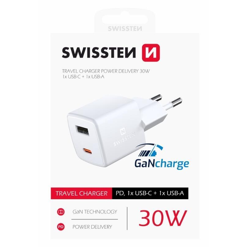 Swissten mini síťový adaptér GaN 1x USB-C + 1x USB 30W - bílý