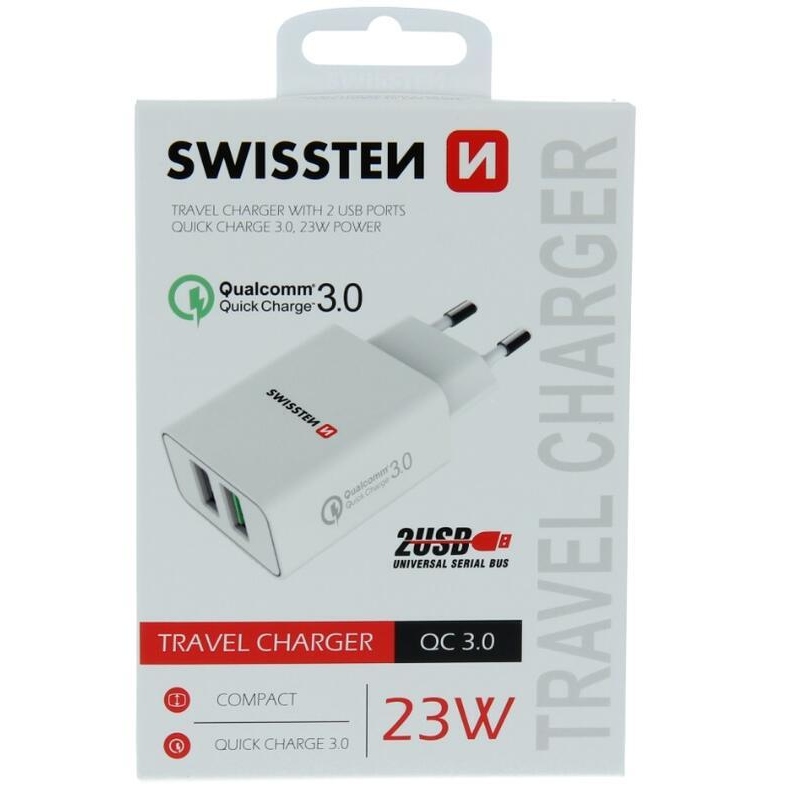 Swissten síťový adaptér 2x USB QC 3.0 + USB, 23W - bílý