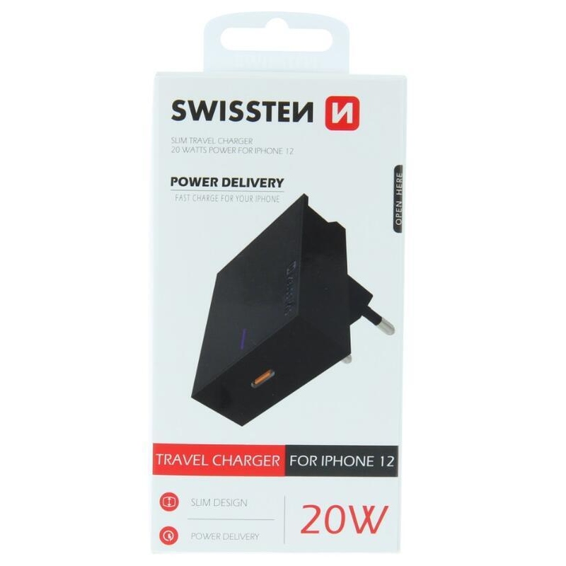 Swissten síťový adaptér pro iPhone power delivery 20W - černý
