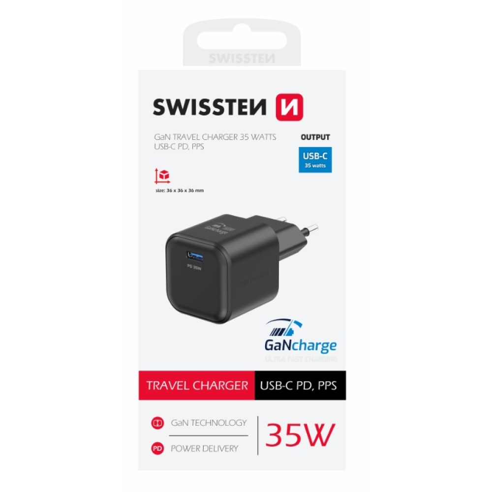 Nabíječka Swissten GaN 1x USB-C 35W power delivery - černá