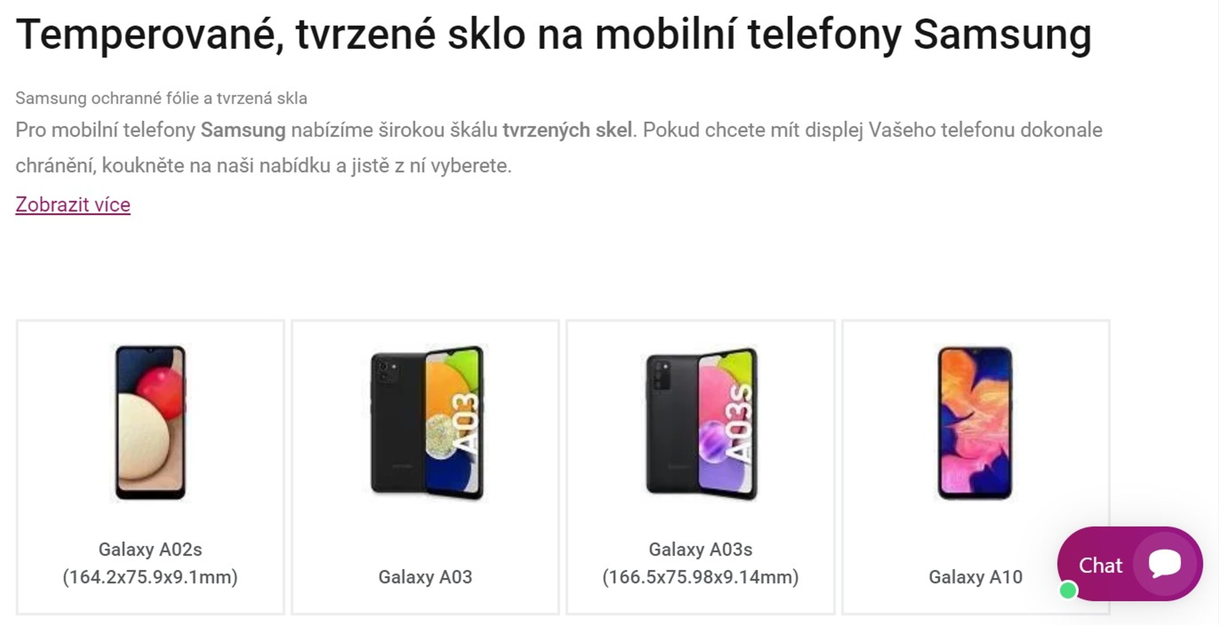 Ukázka sekce tvrzené sklo na mobilní telefony Samsung na mpouzdra.cz