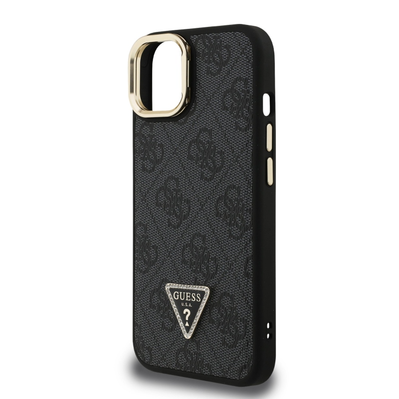 Guess PU 4G Strass Triangle Logo Stand Camera Frame MagSafe Zadní Kryt pro iPhone 14 Black
