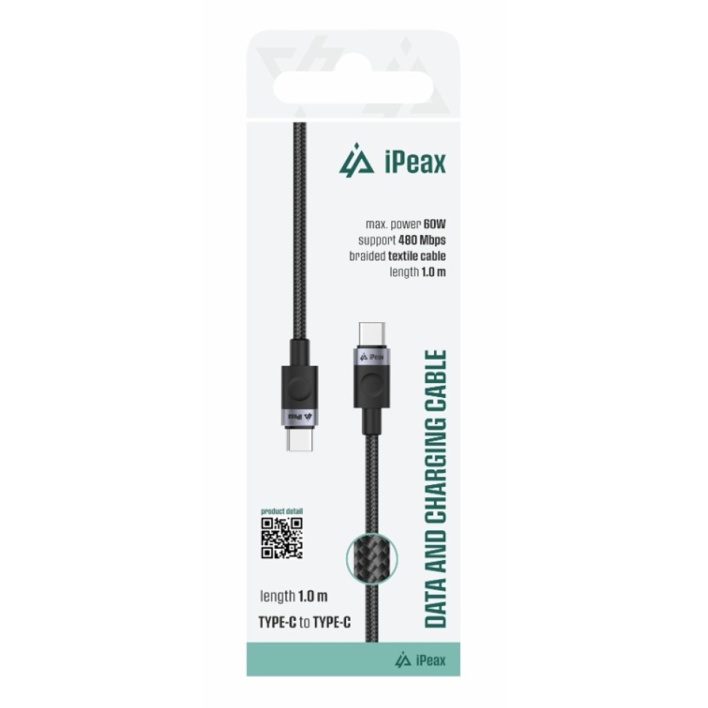 iPEAX textilní kabel USB-C / USB-C 1 m, USB 2.0 - černý