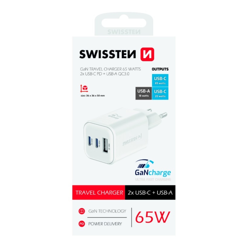 Nabíječka Swissten GaN 2x USB-C 65W PD + 1x USB-A 18W QC - bílá