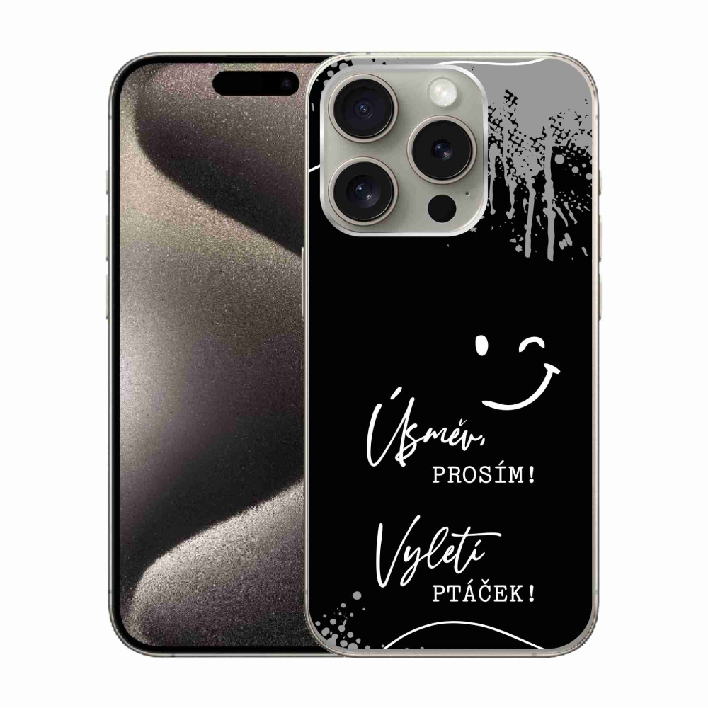 Gelový kryt mmCase na iPhone 15 Pro - vtipný text 4 černé pozadí