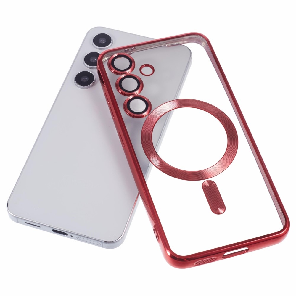 Clear obal s ochranou fotoaparátu a podporou MagSafe na Samsung Galaxy S25 - červený