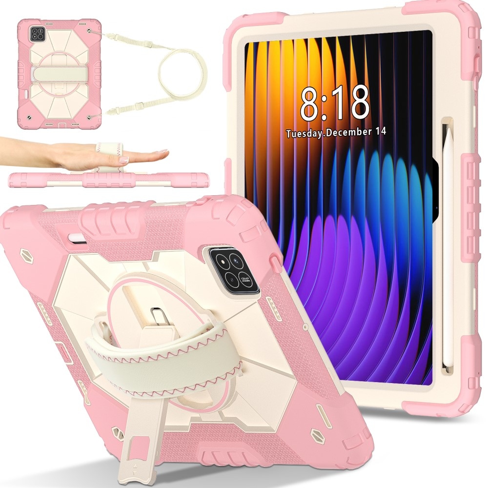 Strap odolný kryt s držákem na ruku a ramenním popruhem na Xiaomi Pad 7/7 Pro - růžovozlatý