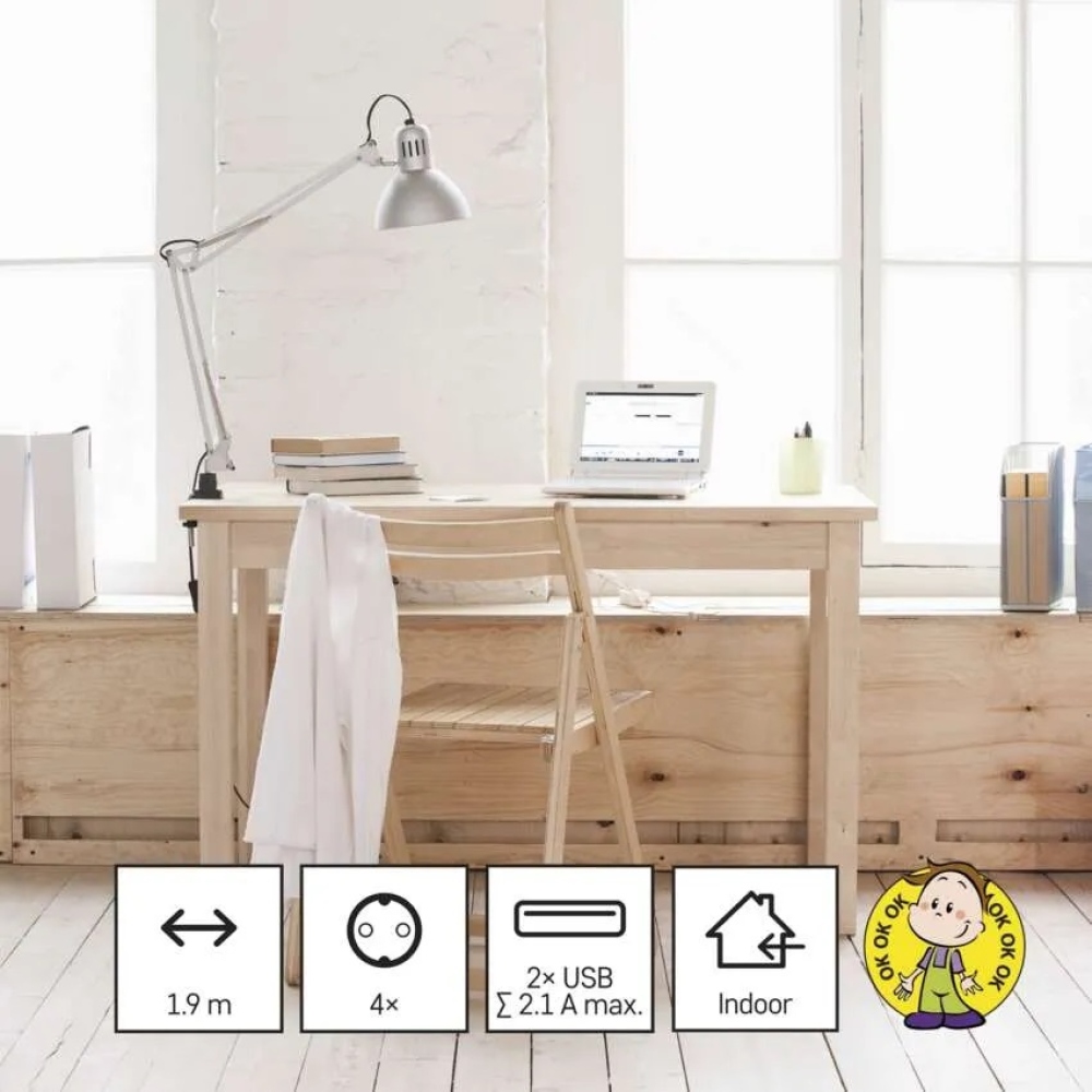 Prodlužovací kabel - kostka 1,9 m / 4 zásuvky / bílý / PVC / s USB / 1,5 mm2