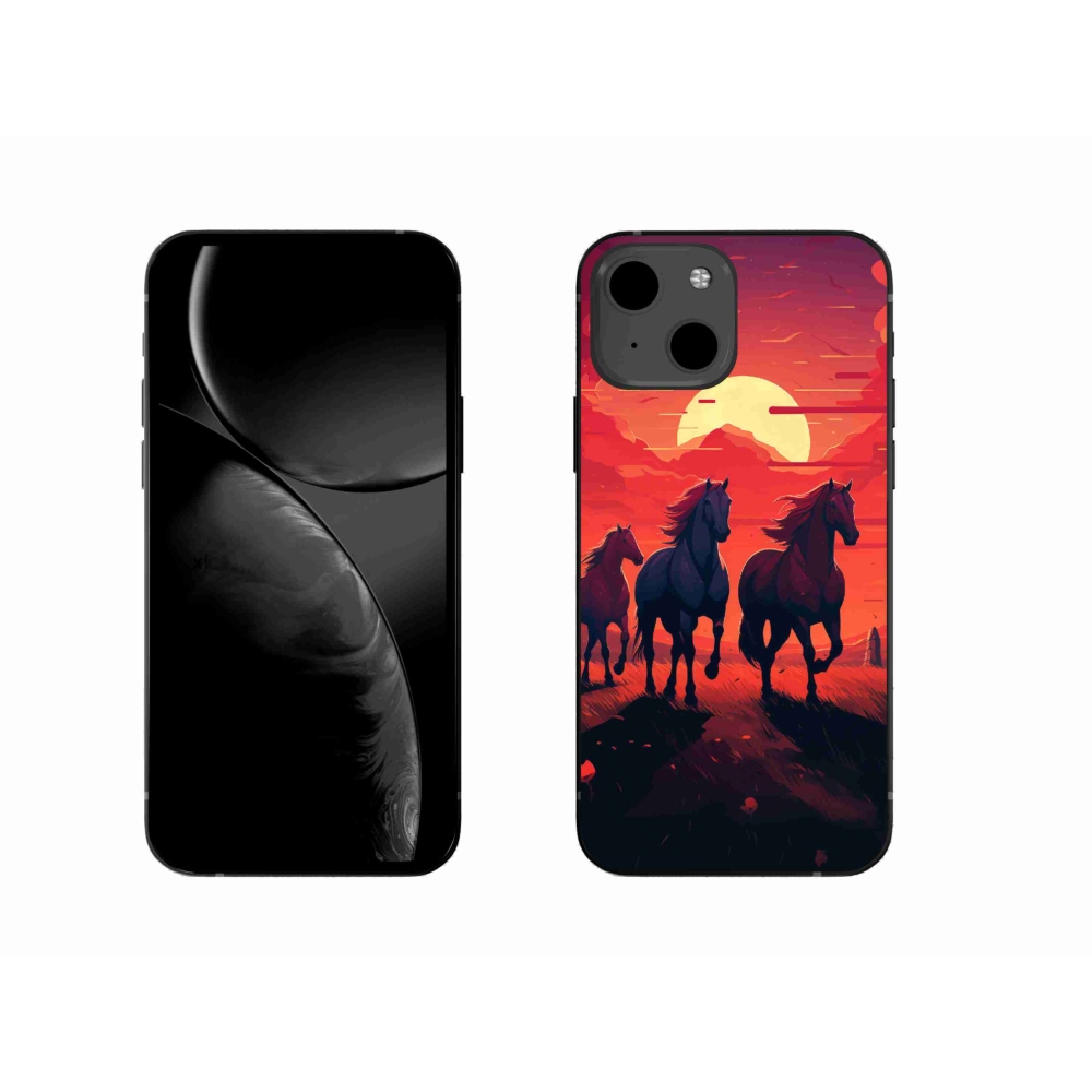 Gelový kryt mmCase na iPhone 13 - koně a západ slunce