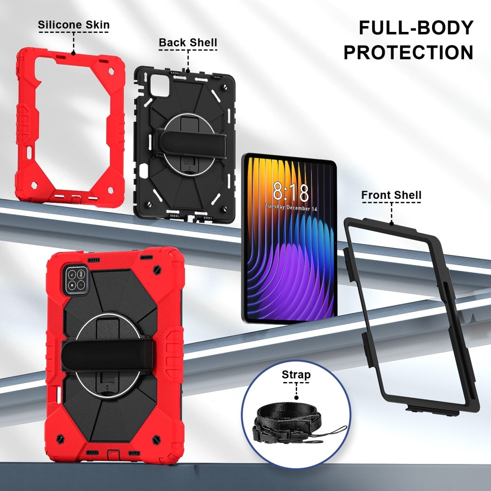 Strap odolný kryt s držákem na ruku a ramenním popruhem na Xiaomi Pad 7/7 Pro - červený/černý