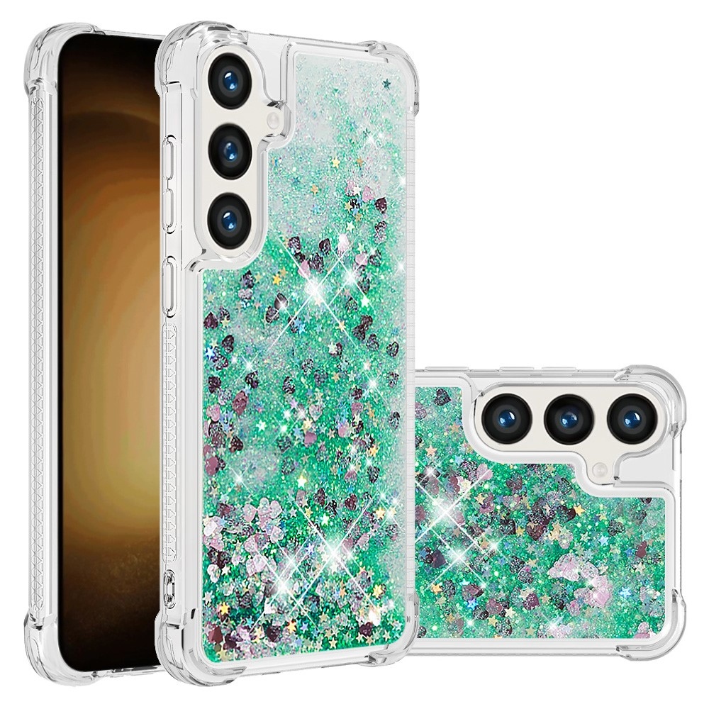 Glitter přesýpací gelový obal na Samsung Galaxy S24 - zelený/srdíčka