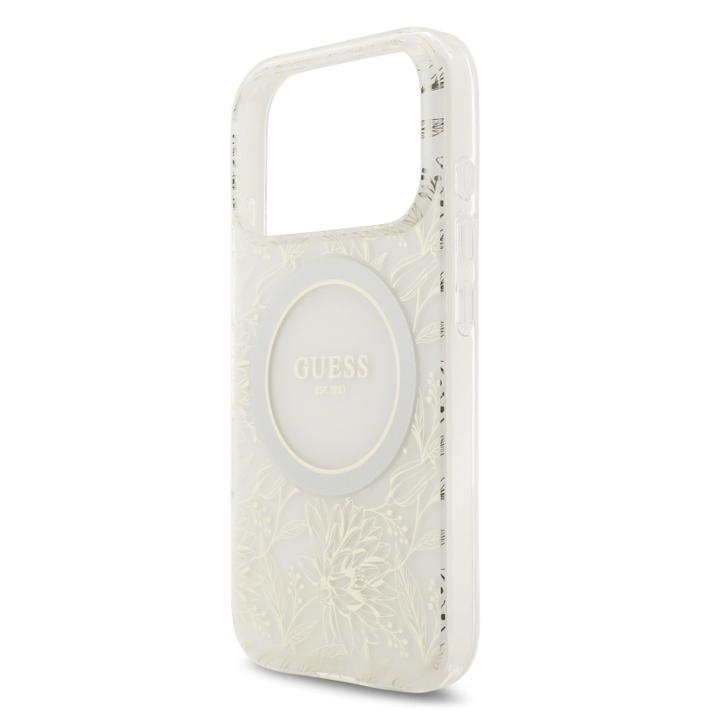 Guess IML Flowers Allover Strap MagSafe Zadní Kryt pro iPhone 17 Pro White