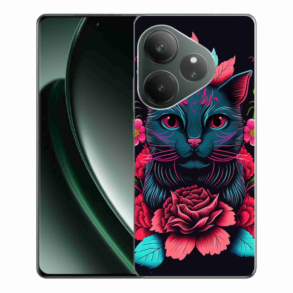 Gelový kryt mmCase na Realme GT 6 5G/GT 6T 5G - květiny a kočka