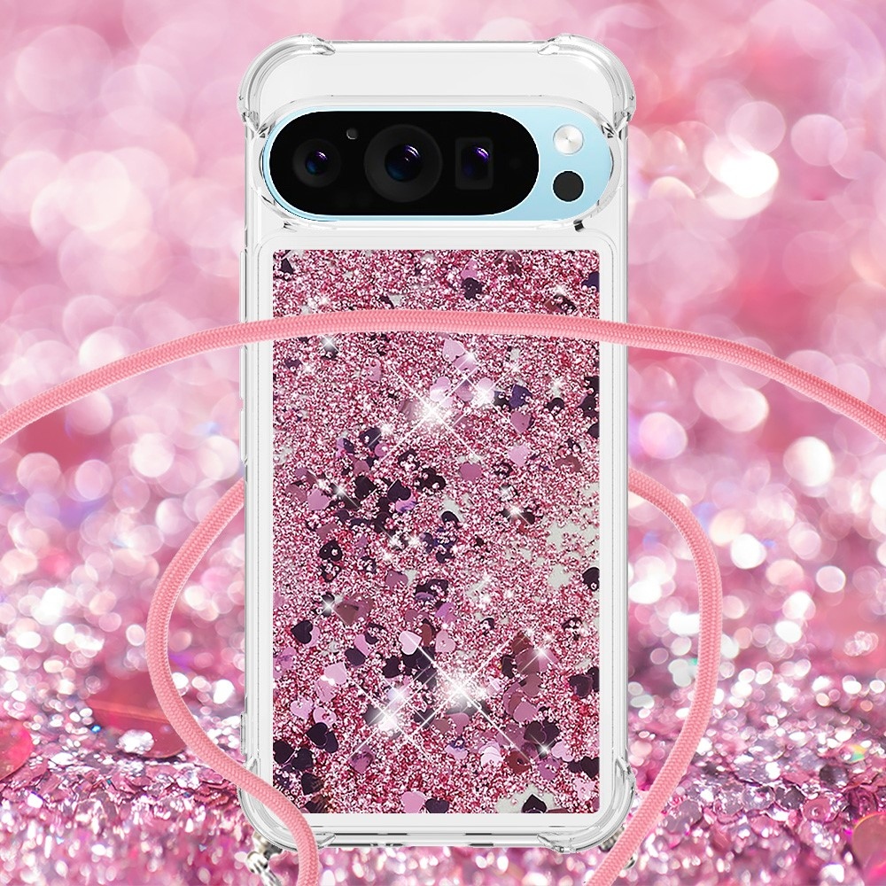 Glitters přesýpací gelový obal se šňůrkou na Google Pixel 10 Pro/Pixel 10 - růžovozlatý/srdíčka