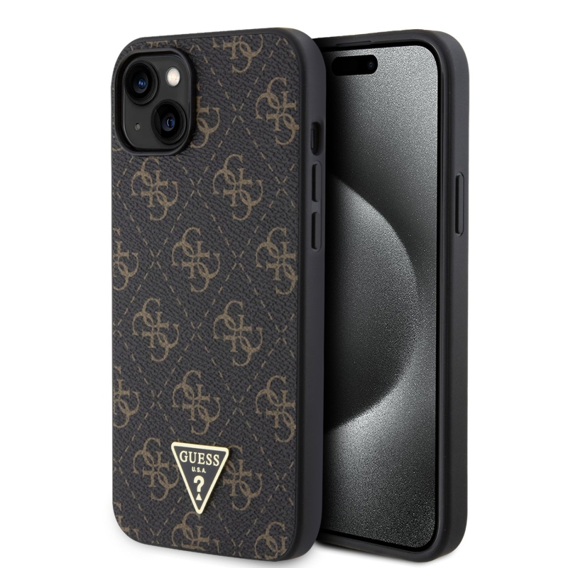 Guess PU 4G Triangle Metal Logo Zadní Kryt pro iPhone 15 Plus Black