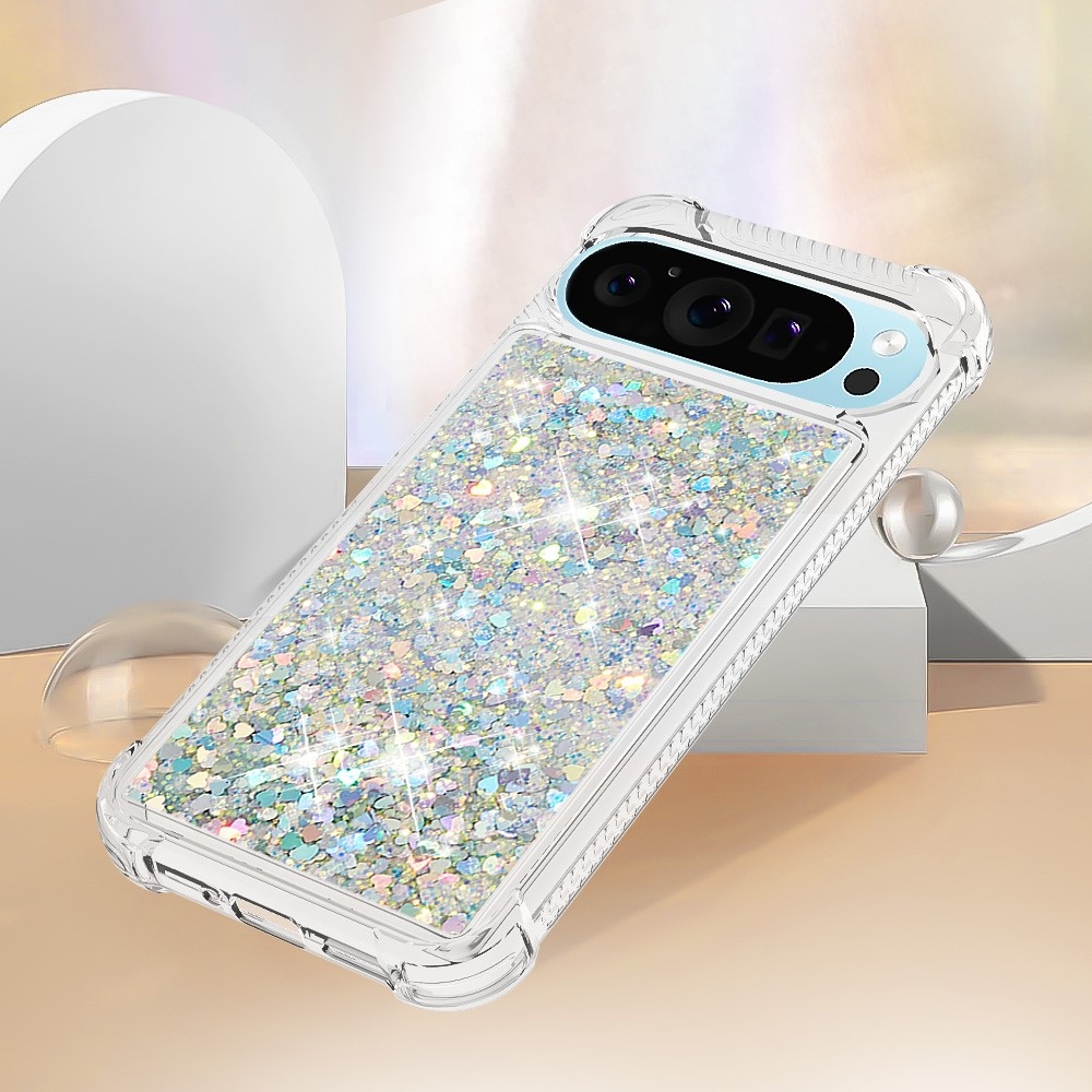Glitter přesýpací gelový obal na Google Pixel 10 Pro/Pixel 10 - stříbrný/srdíčka