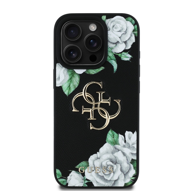 Guess PU Grained Roses 4G Metal Logo Zadní Kryt pro iPhone 16 Pro Black
