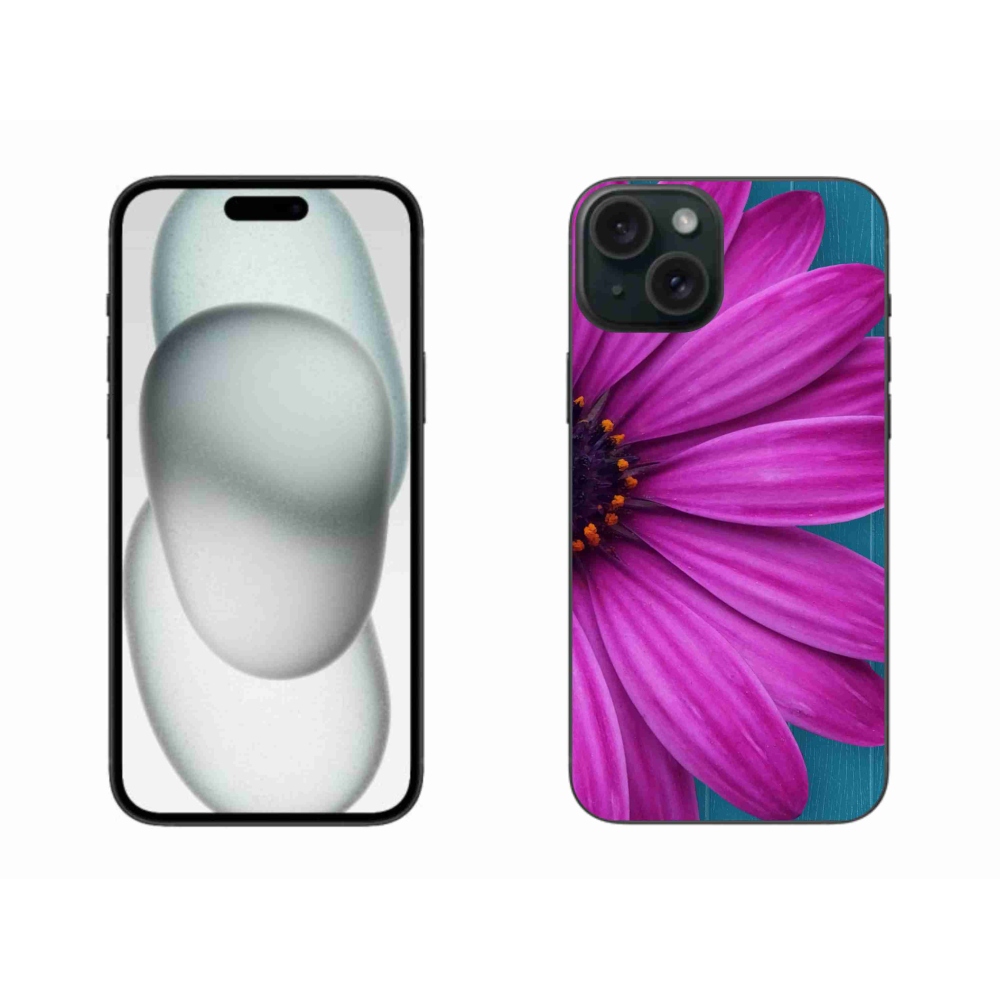 Gelový obal mmCase na iPhone 15 Plus - fialová kopretina