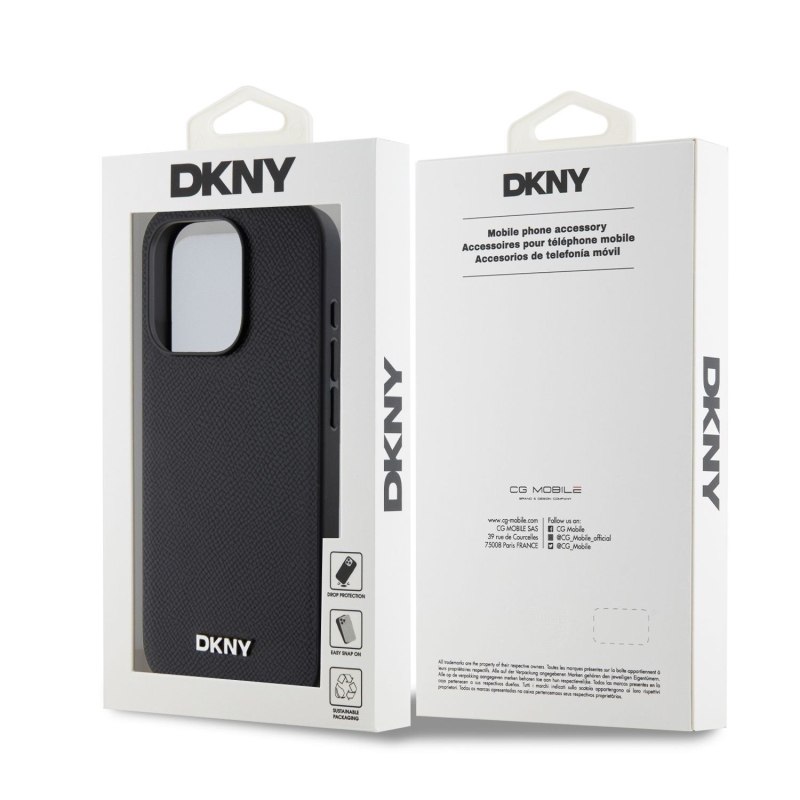 DKNY PU Leather Silver Metal Logo Magsafe Zadní Kryt pro iPhone 15 Pro Black