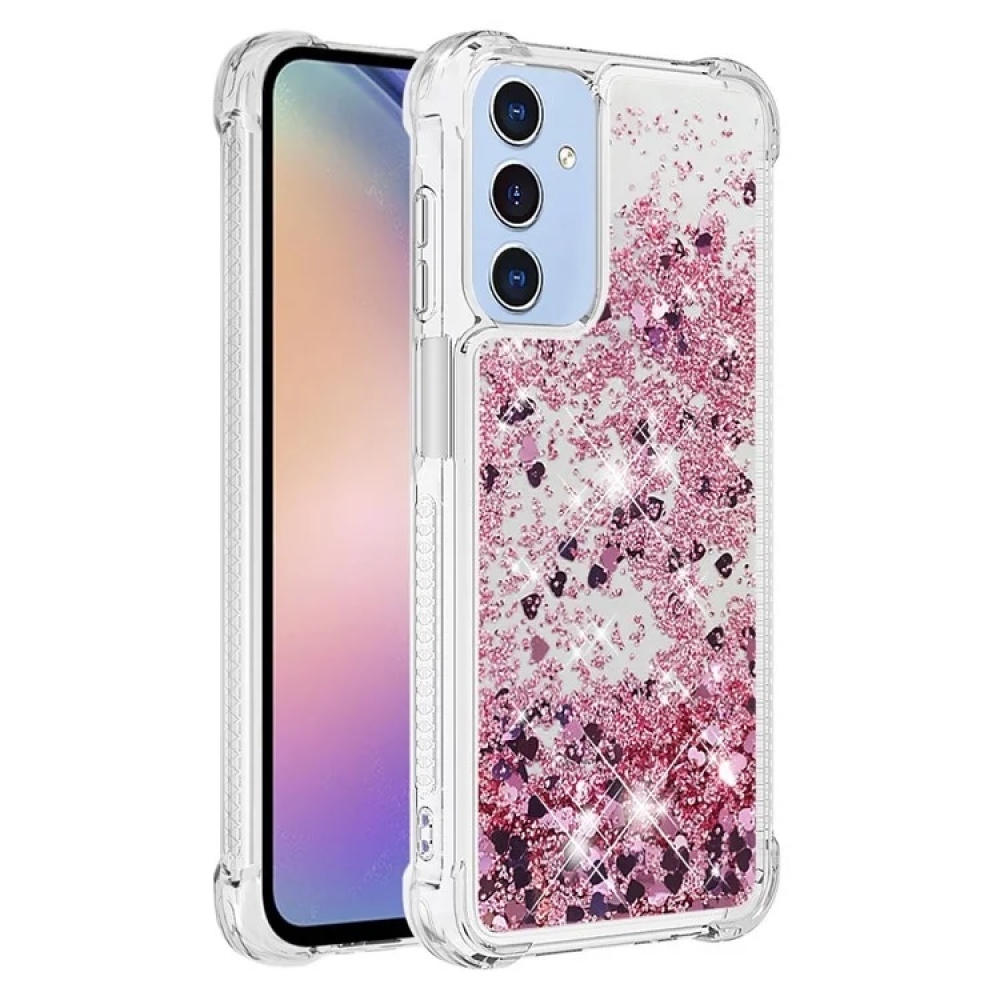 Glitter gelový přesýpací obal na Samsung Galaxy A15 4G/5G - růžovozlatý/srdíčka