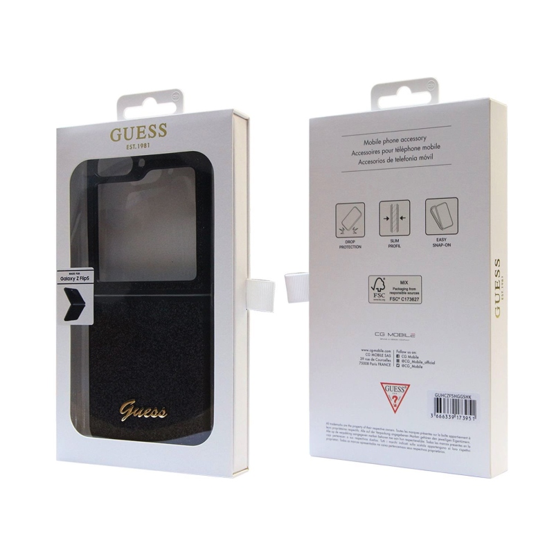Guess PC/TPU Glitter Flakes Metal Logo Zadní Kryt pro Samsung Galaxy Z Flip 5 Black