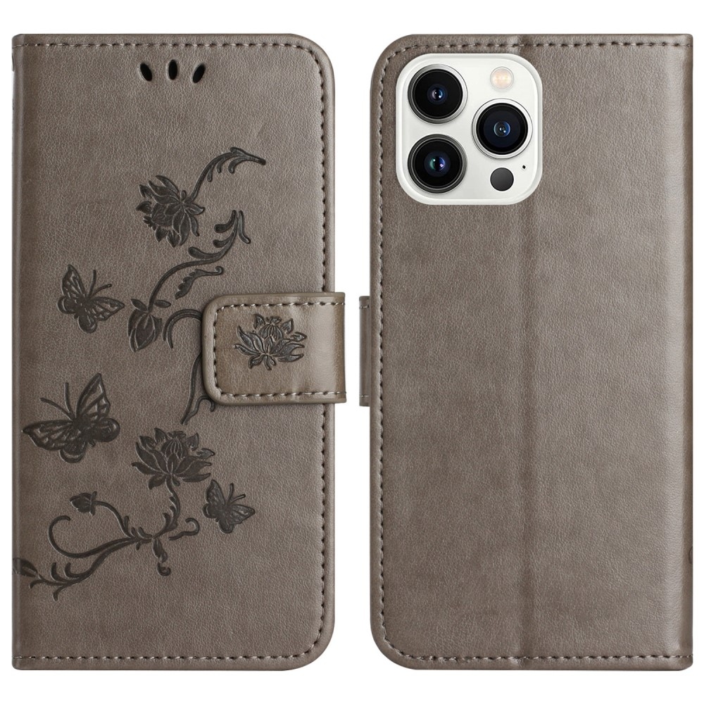 Flower knížkové pouzdro na iPhone 16 Pro Max - šedé