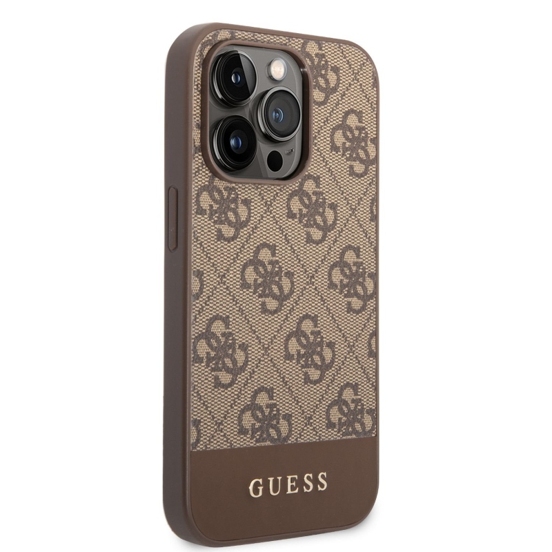 Guess PU 4G Stripe Zadní Kryt pro iPhone 14 Pro Brown