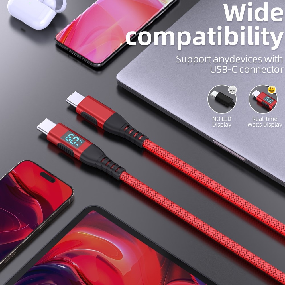 Nylonový kabel USB-C / USB-C s displejem 3m 60W - červený