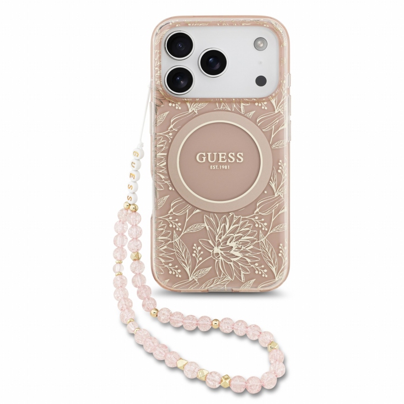 Guess IML Flowers Allover Strap MagSafe Zadní Kryt pro iPhone 18 Pro Pink