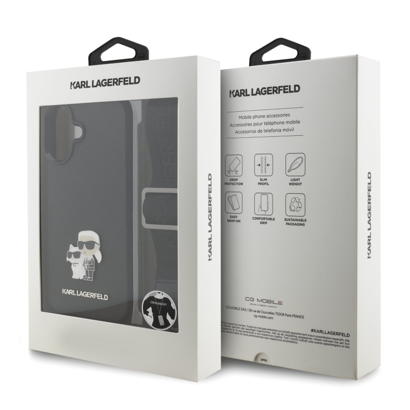 Karl Lagerfeld Saffiano Crossbody Popruh Metal Karl and Choupette Zadní Kryt pro iPhone 17 Black