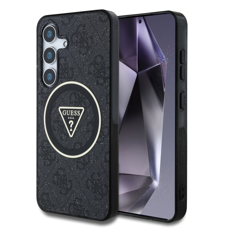 Guess IML 4G Glitter and Triangle Logo MagSafe Zadní Kryt pro Samsung Galaxy S25 Black