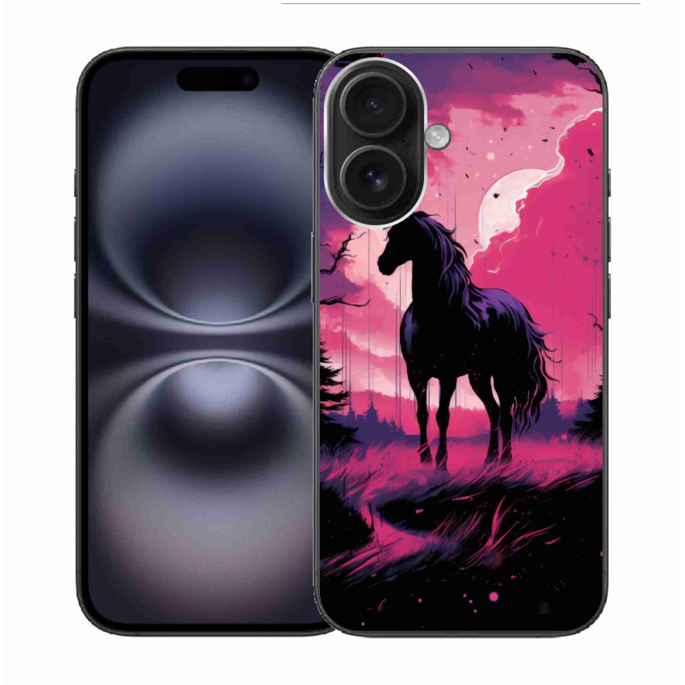 Gelový kryt mmCase na iPhone 16 - černý kreslený kůň 1