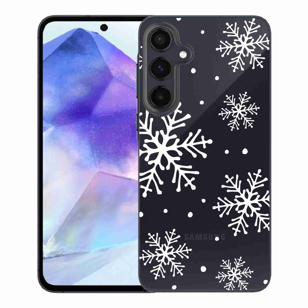 Gelový kryt mmCase na Samsung Galaxy A55 5G - bílé vločky na průhledném pozadí