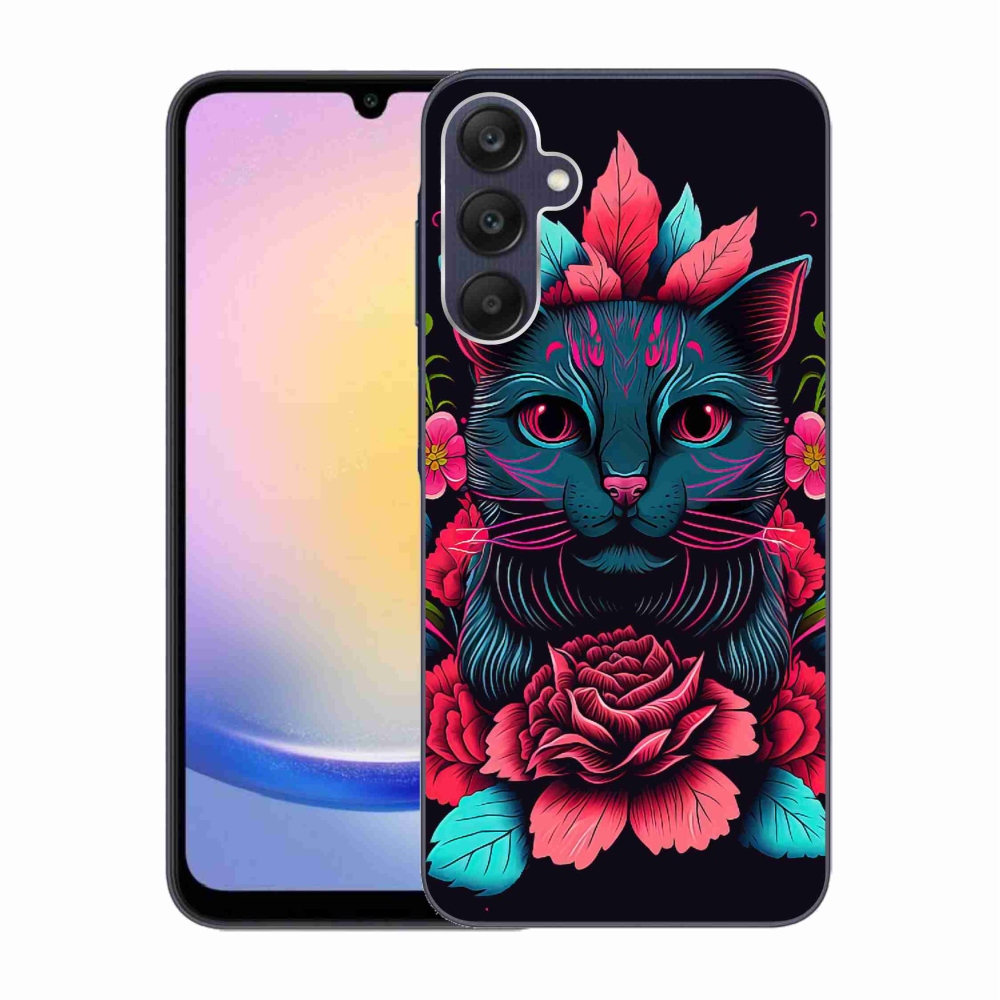 Gelový kryt mmCase na Samsung Galaxy A25 5G - květiny a kočka