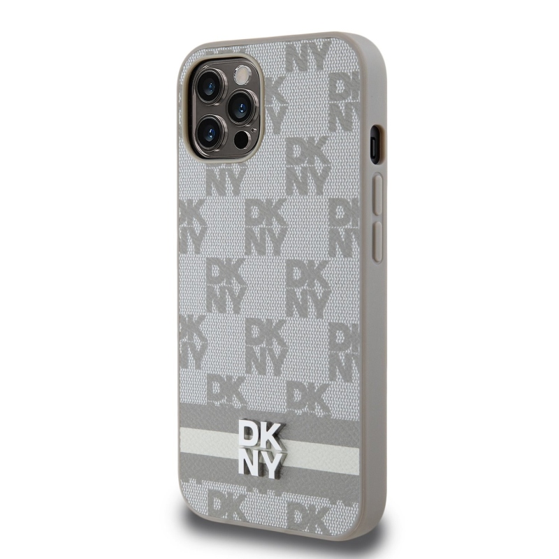DKNY PU Leather Checkered Pattern and Stripe Zadní Kryt pro iPhone 12/12 Pro Beige