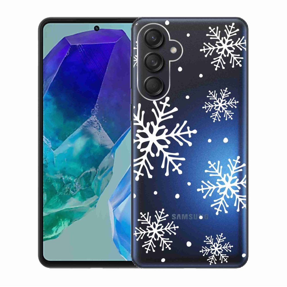 Gelový kryt mmCase na Samsung Galaxy M55 5G - bílé vločky na průhledném pozadí