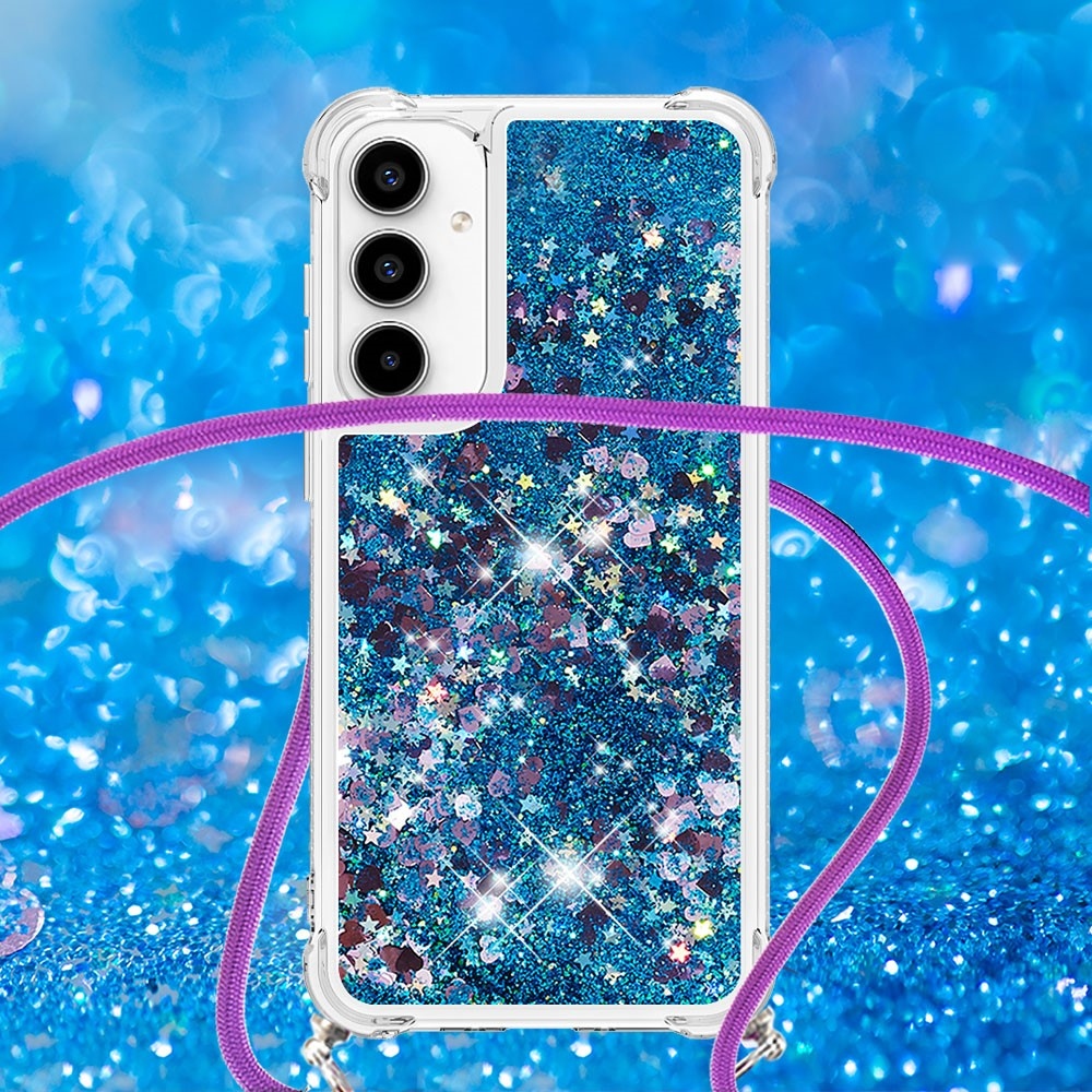 Glitters přesýpací gelový obal se šňůrkou na Samsung Galaxy A56 5G - modrý/srdíčka