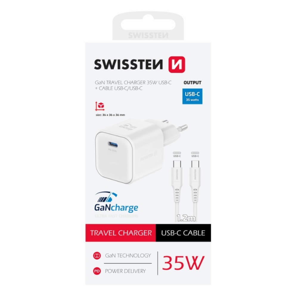 Nabíječka Swissten GaN 1x USB-C 35W power delivery + kabel USB-C/USB-C 1,2m - bílá