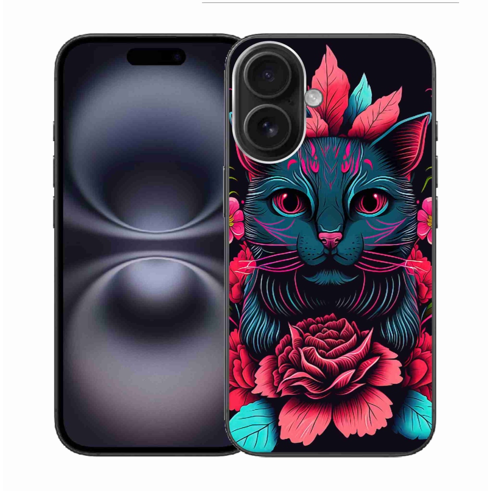 Gelový kryt mmCase na iPhone 16 - květiny a kočka