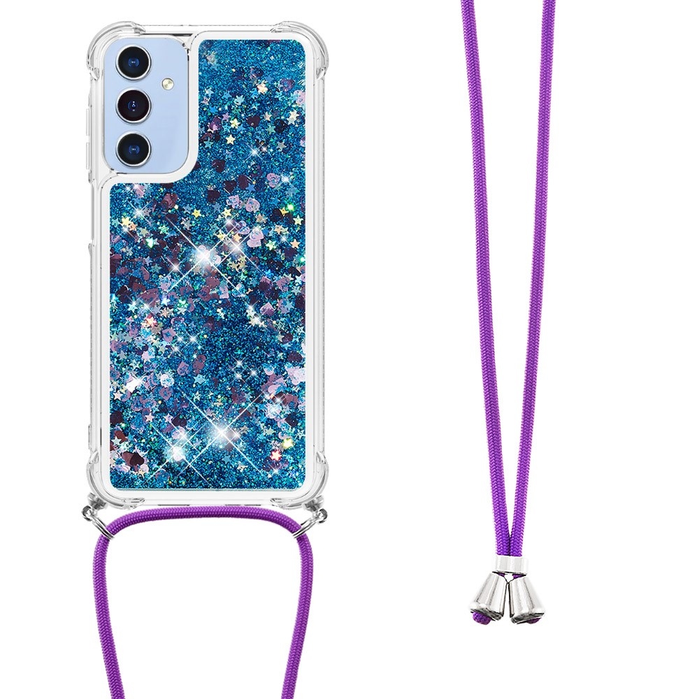 Glitters přesýpací gelový obal se šňůrkou na Samsung Galaxy A26 5G - modrý/srdíčka