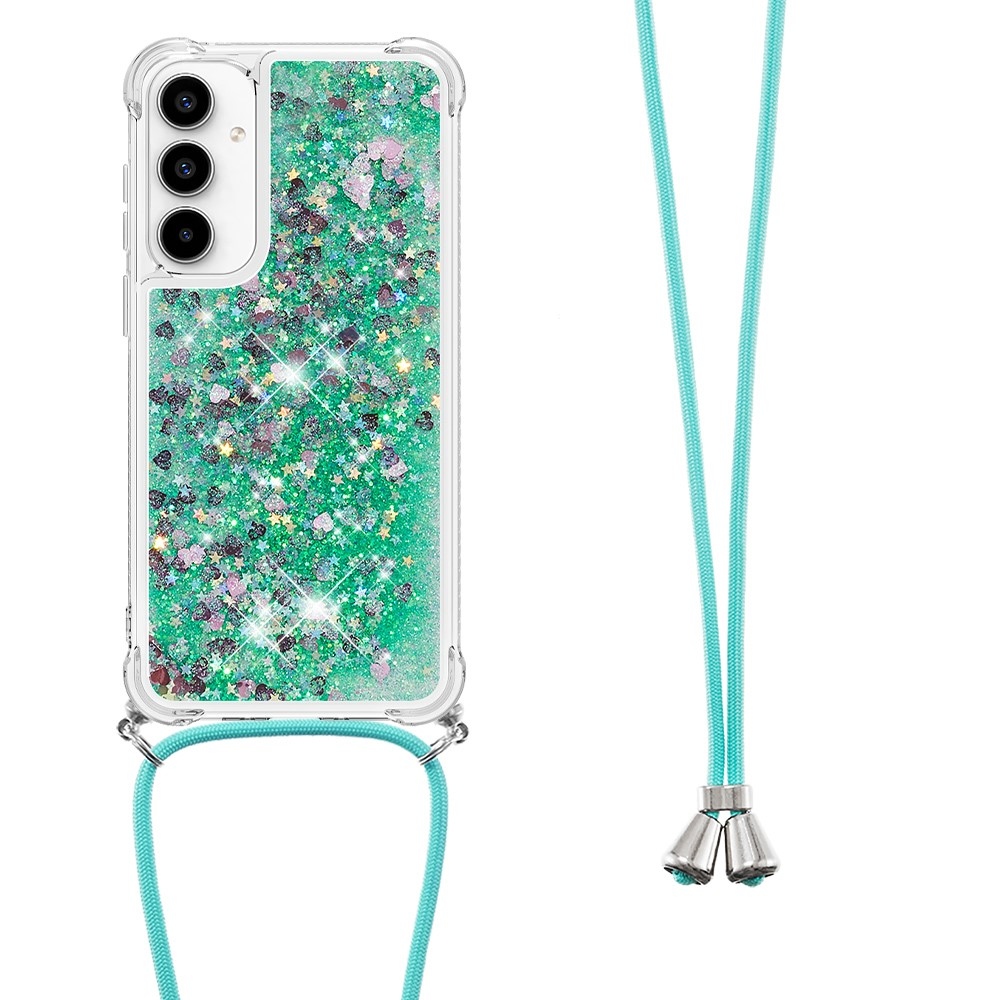 Glitters přesýpací gelový obal se šňůrkou na Samsung Galaxy A36 5G - zelený/srdíčka