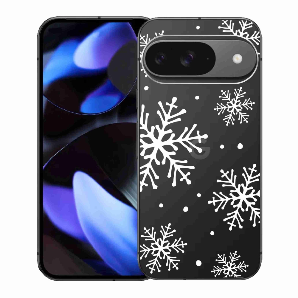 Gelový kryt mmCase na Google Pixel 9/9 Pro - bílé vločky na průhledném pozadí