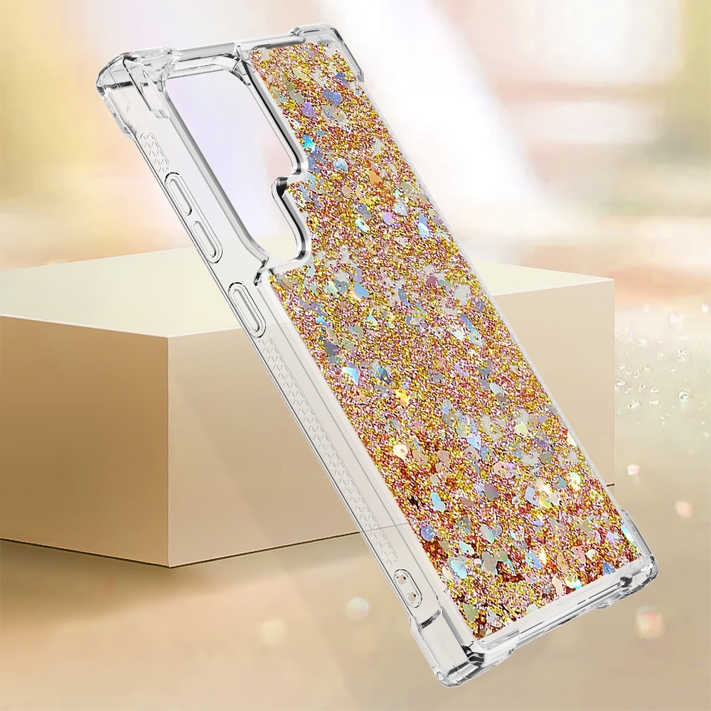 Glitter přesýpací gelový obal na Samsung Galaxy S24 Ultra - zlatý/srdíčka