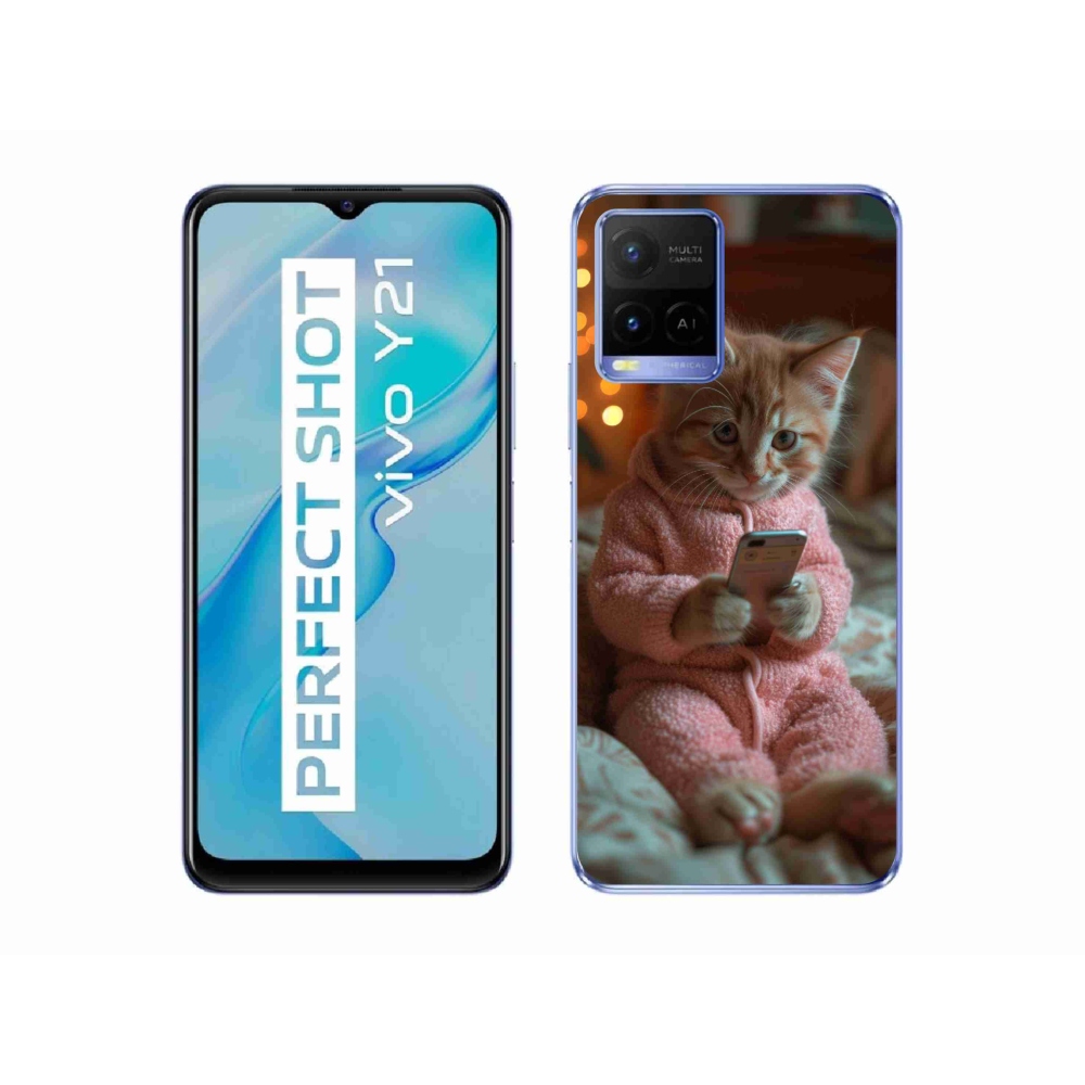 Gelový kryt mmCase na Vivo Y21/Y21s/Y33s - kotě s mobilem