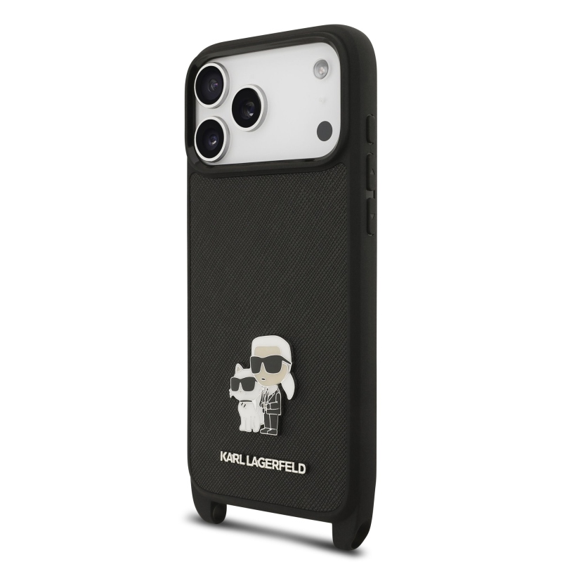 Karl Lagerfeld Saffiano Crossbody Popruh Metal Karl and Choupette Zadní Kryt pro iPhone 17 Pro Max Black