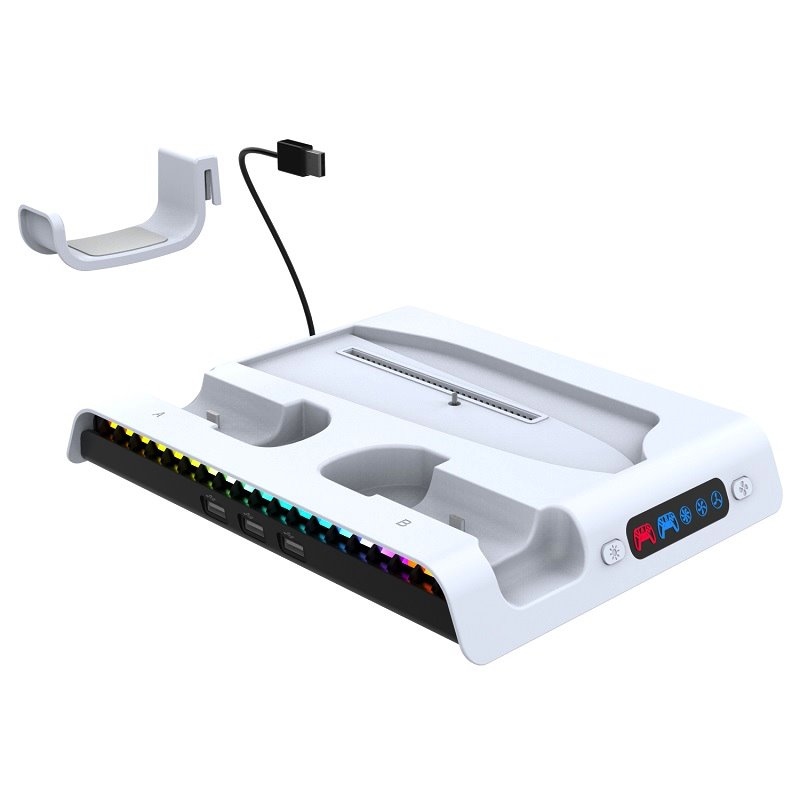 iPega P5S006 Multifunkční Nabíjecí RGB Stojan s Chlazením pro PS5 Slim White