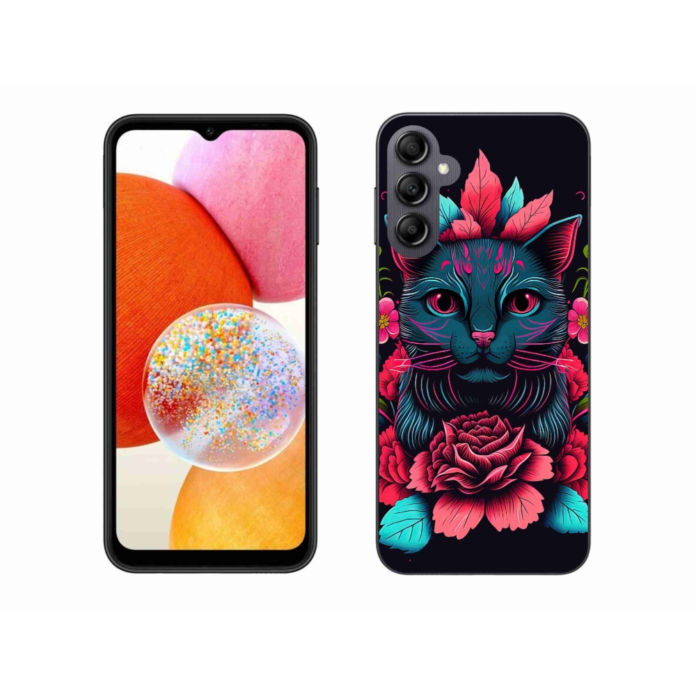 Gelový kryt mmCase na Samsung Galaxy A14 4G/5G - květiny a kočka