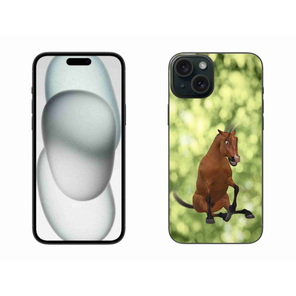 Gelový kryt mmCase na iPhone 15 Plus - hnědý kreslený kůň 1