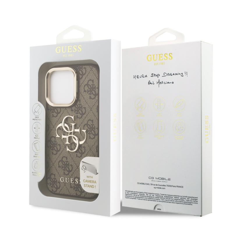 Guess PU 4G Metal Logo Stand Camera Frame Zadní Kryt pro iPhone 16 Pro Brown